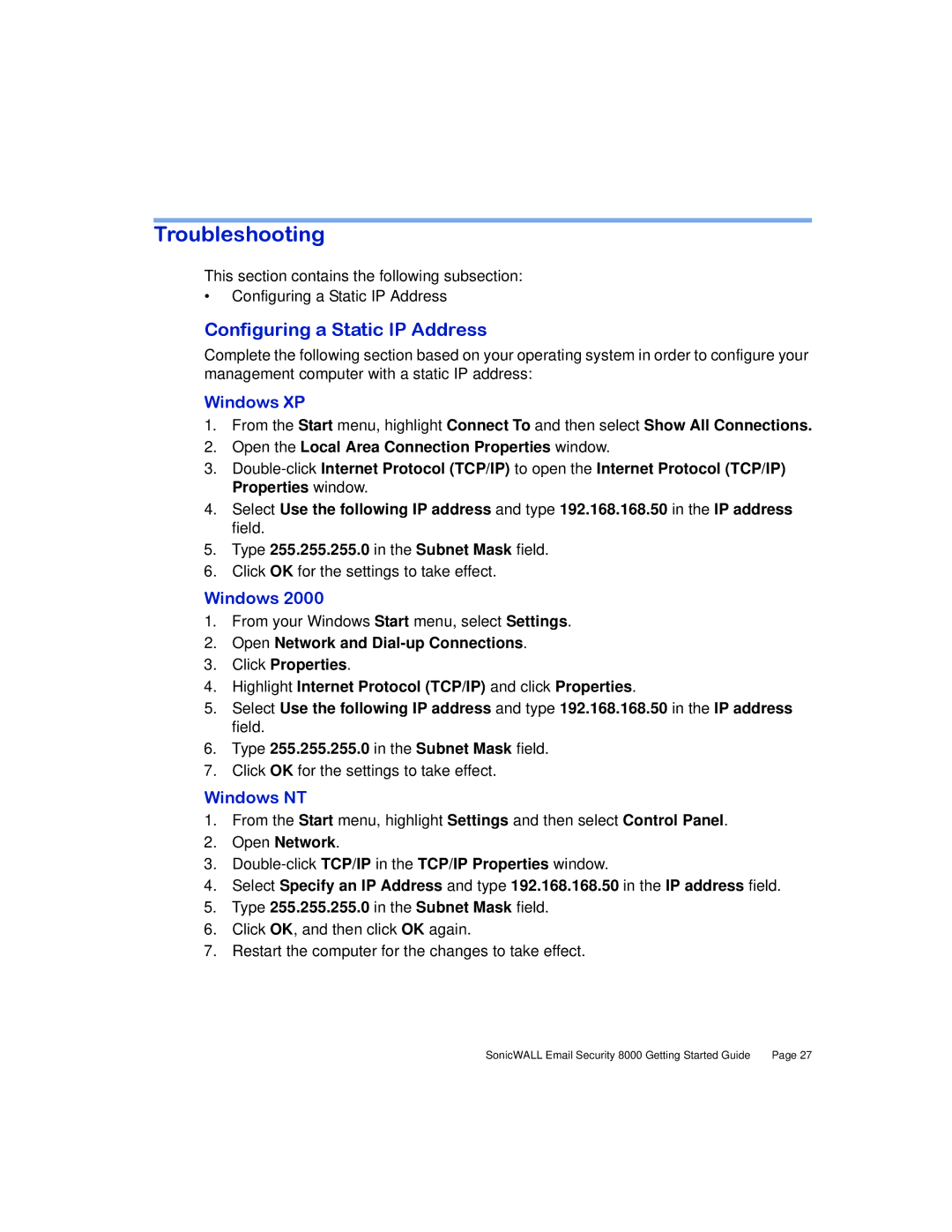 SonicWALL 8000 manual Troubleshooting, Configuring a Static IP Address 