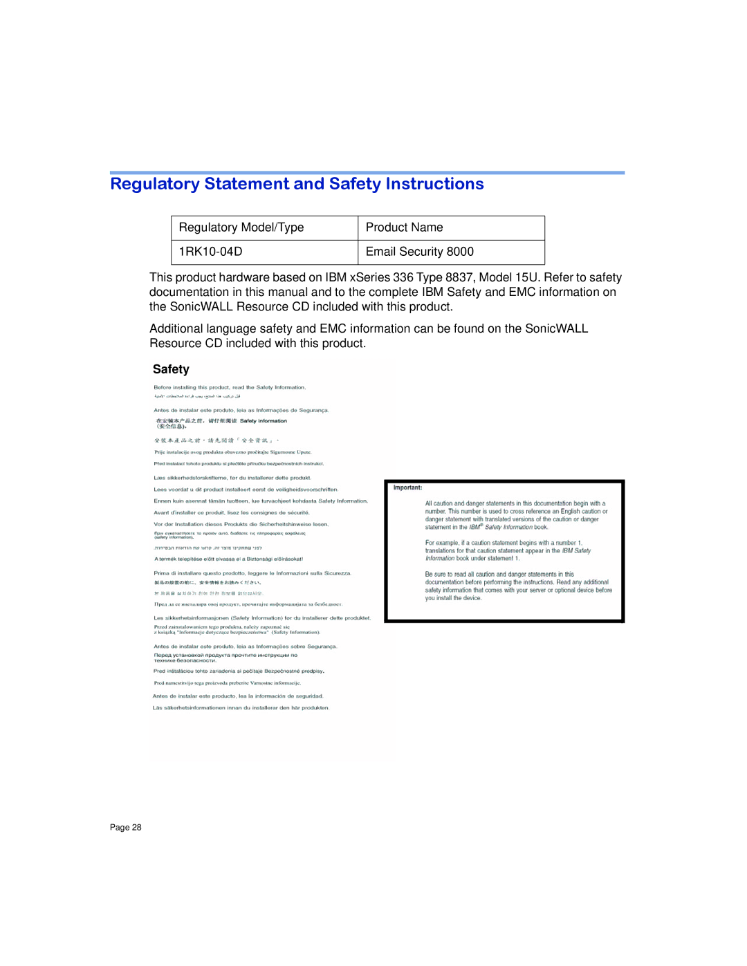 SonicWALL 8000 manual Regulatory Statement and Safety Instructions 