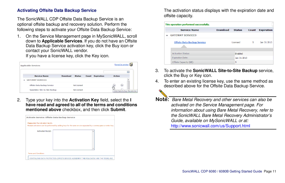 SonicWALL CDP 6080B manual Activating Offsite Data Backup Service 