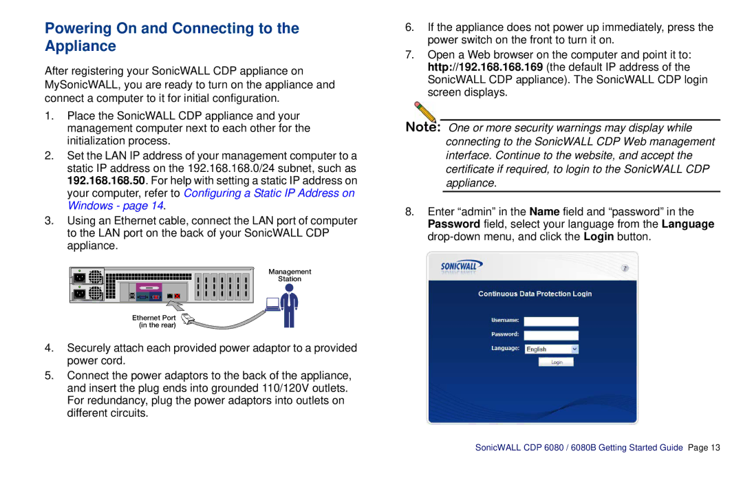 SonicWALL CDP 6080B manual Powering On and Connecting to the Appliance 