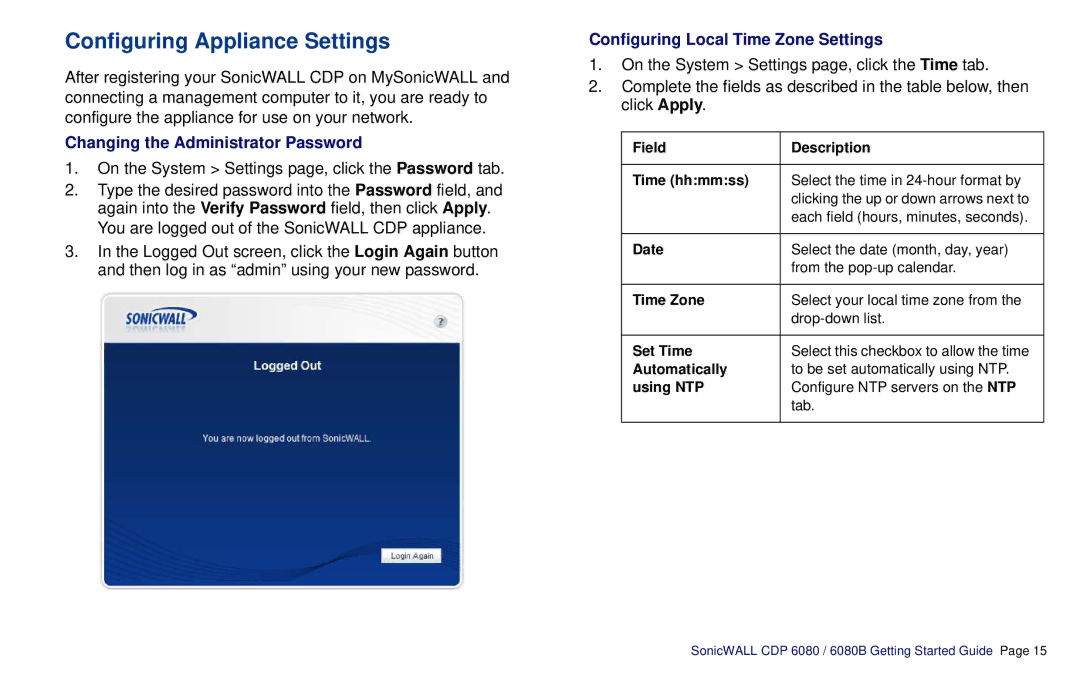 SonicWALL CDP 6080B manual Changing the Administrator Password, Configuring Local Time Zone Settings 