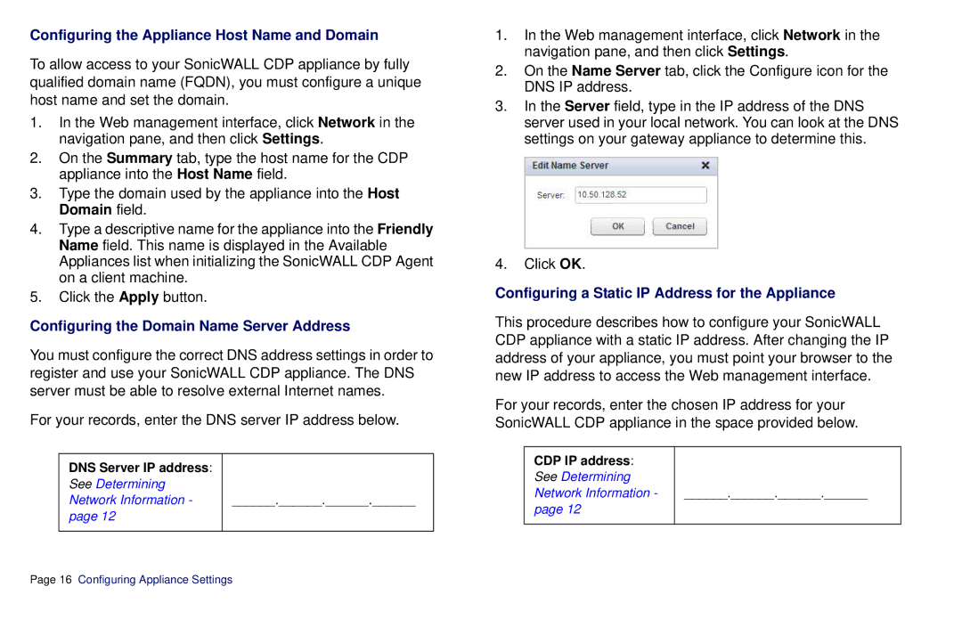 SonicWALL CDP 6080B manual Configuring the Appliance Host Name and Domain, Configuring the Domain Name Server Address 