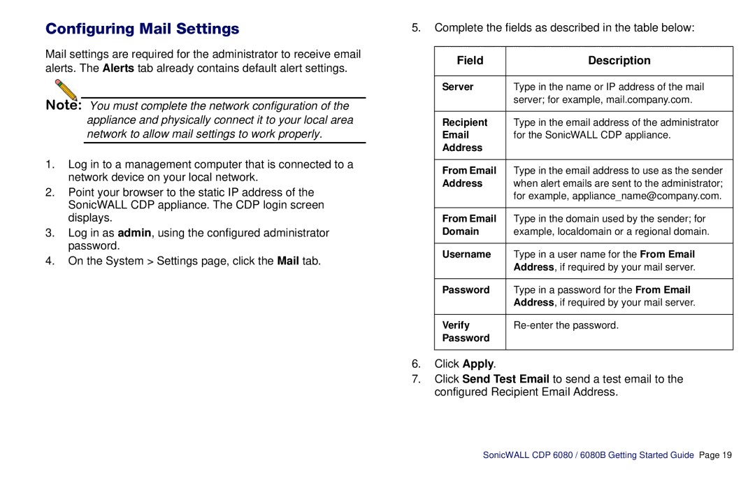 SonicWALL CDP 6080B manual Configuring Mail Settings 