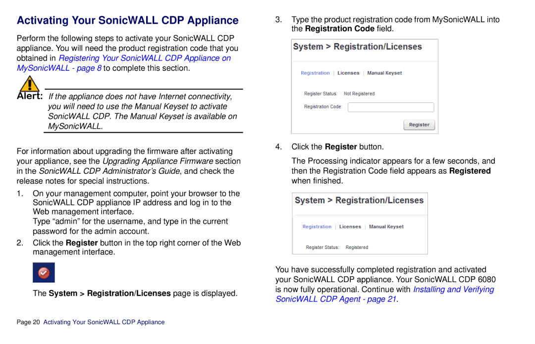 SonicWALL CDP 6080B manual Activating Your SonicWALL CDP Appliance, System Registration/Licenses page is displayed 