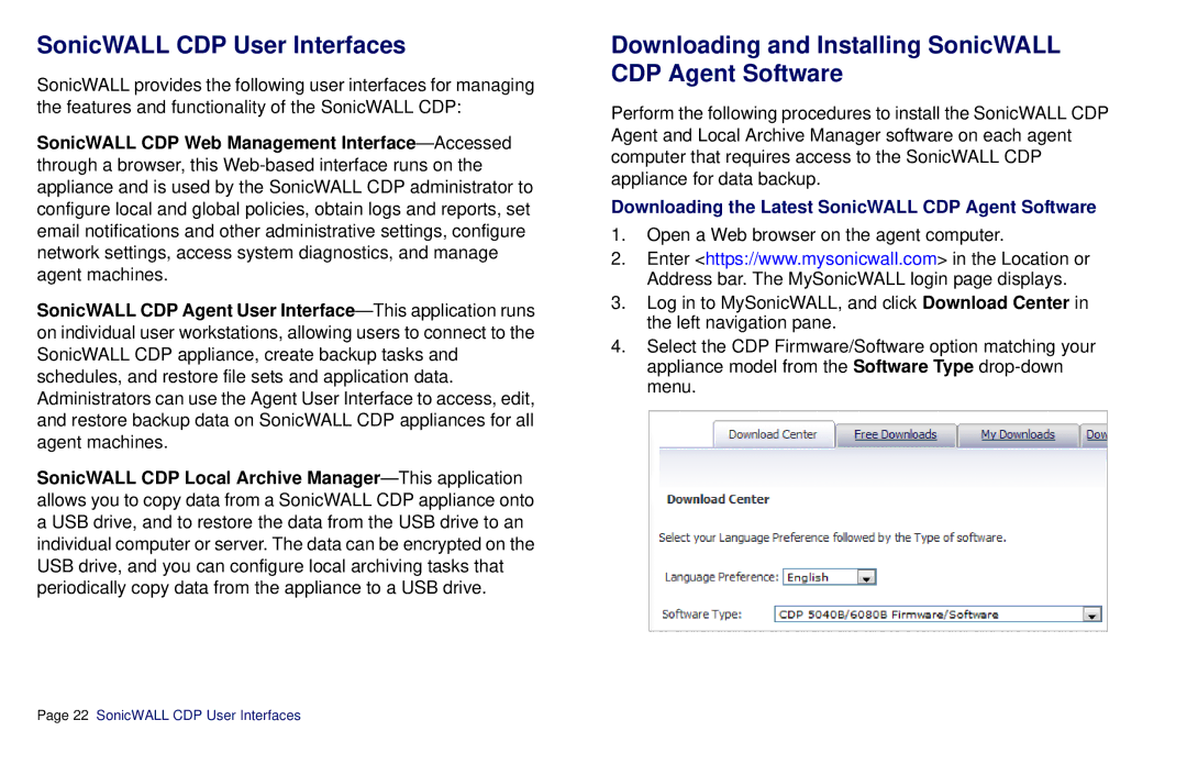 SonicWALL CDP 6080B manual SonicWALL CDP User Interfaces, Downloading and Installing SonicWALL CDP Agent Software 