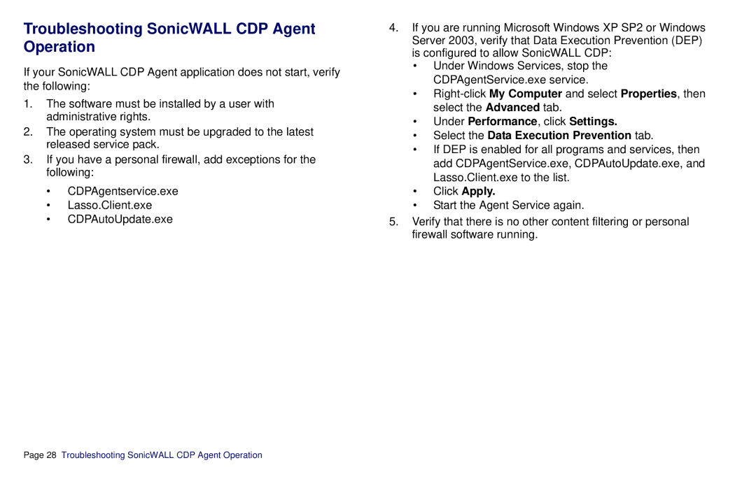 SonicWALL CDP 6080B manual Troubleshooting SonicWALL CDP Agent Operation 