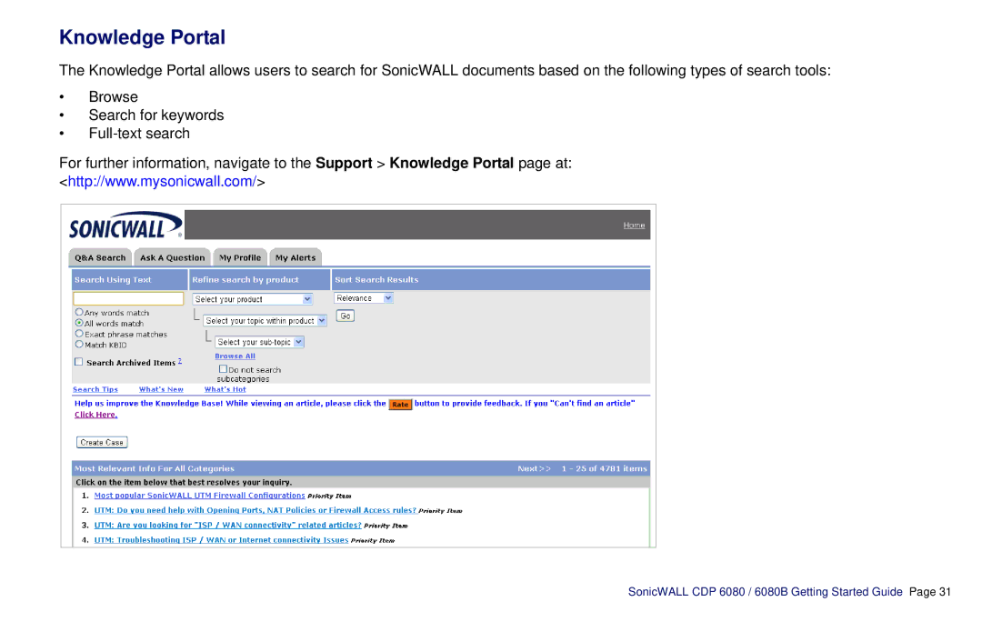 SonicWALL CDP 6080B manual Knowledge Portal 