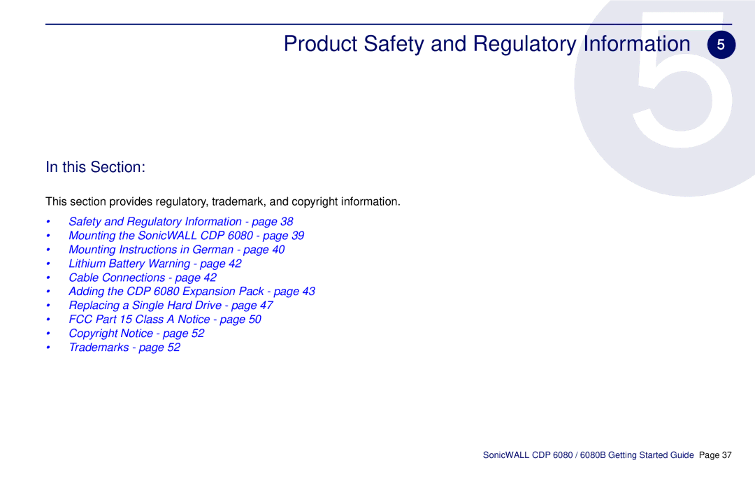 SonicWALL CDP 6080B manual Product Safety and Regulatory Information 