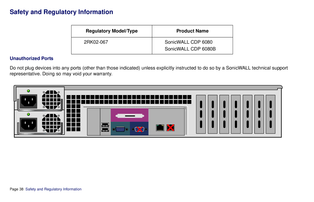 SonicWALL CDP 6080B manual Safety and Regulatory Information, Unauthorized Ports 