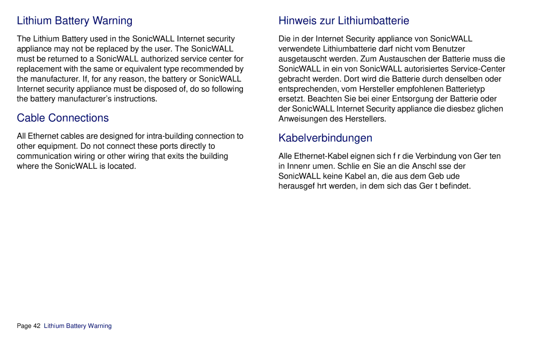 SonicWALL CDP 6080B manual Lithium Battery Warning, Cable Connections, Hinweis zur Lithiumbatterie, Kabelverbindungen 