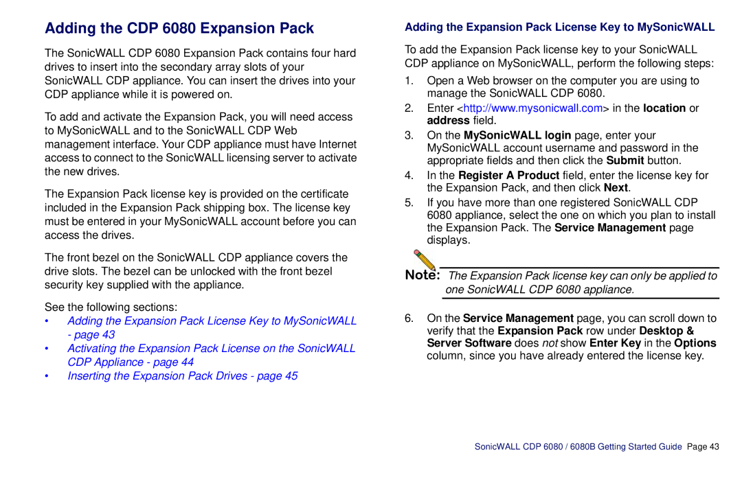 SonicWALL CDP 6080B manual Adding the CDP 6080 Expansion Pack, Adding the Expansion Pack License Key to MySonicWALL 