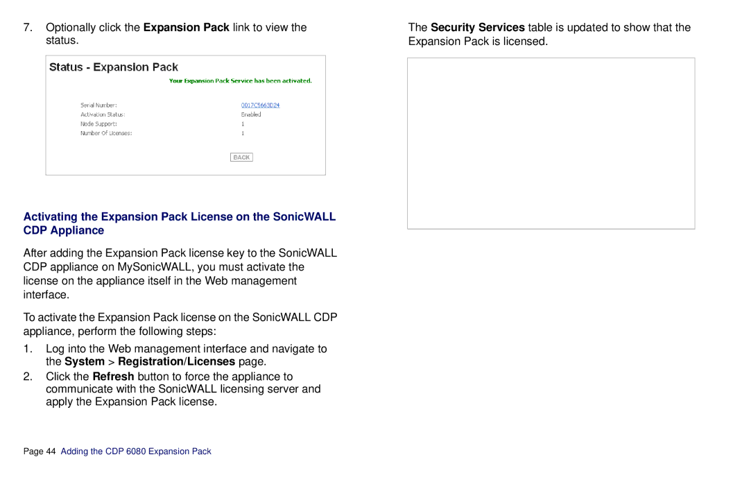 SonicWALL CDP 6080B manual Optionally click the Expansion Pack link to view the status 