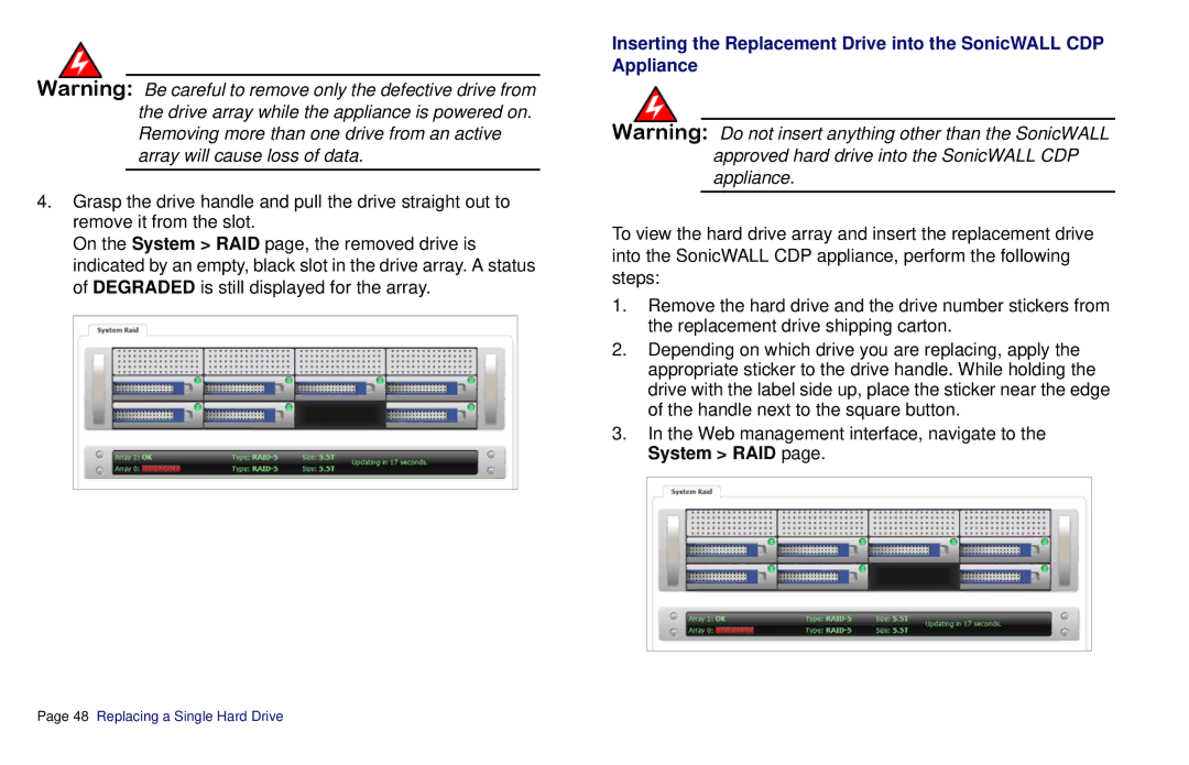 SonicWALL CDP 6080B manual Replacing a Single Hard Drive 