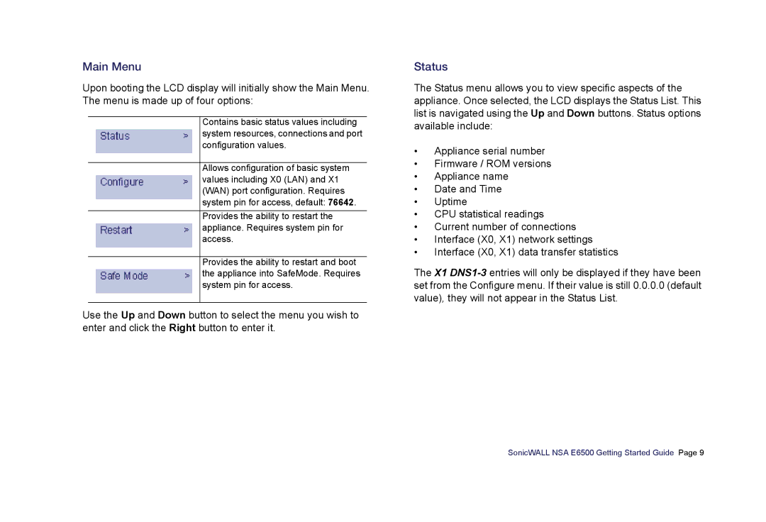 SonicWALL E6500 manual Main Menu, Status 