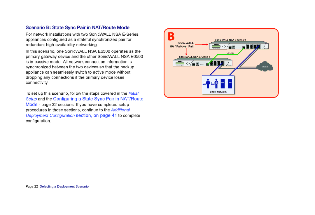 SonicWALL E6500 manual Scenario B State Sync Pair in NAT/Route Mode 