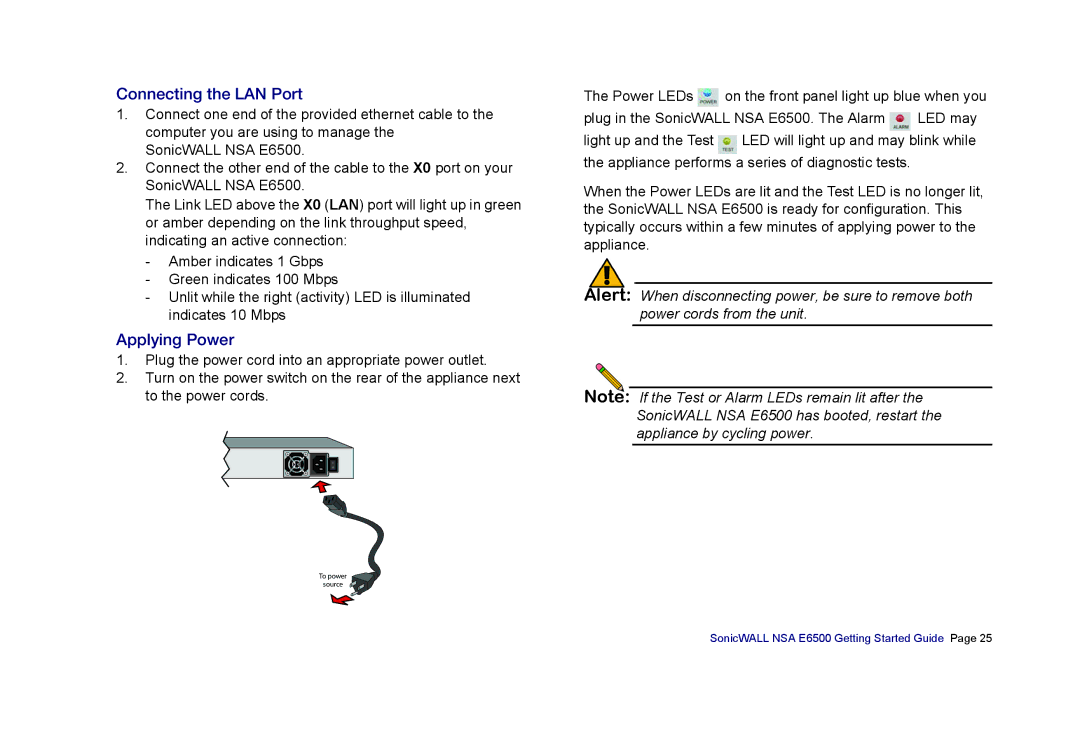 SonicWALL E6500 manual Connecting the LAN Port, Applying Power 