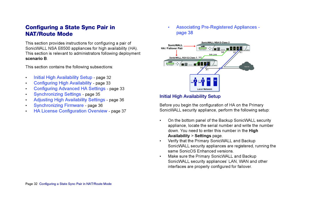 SonicWALL E6500 manual Configuring a State Sync Pair in NAT/Route Mode, Initial High Availability Setup 