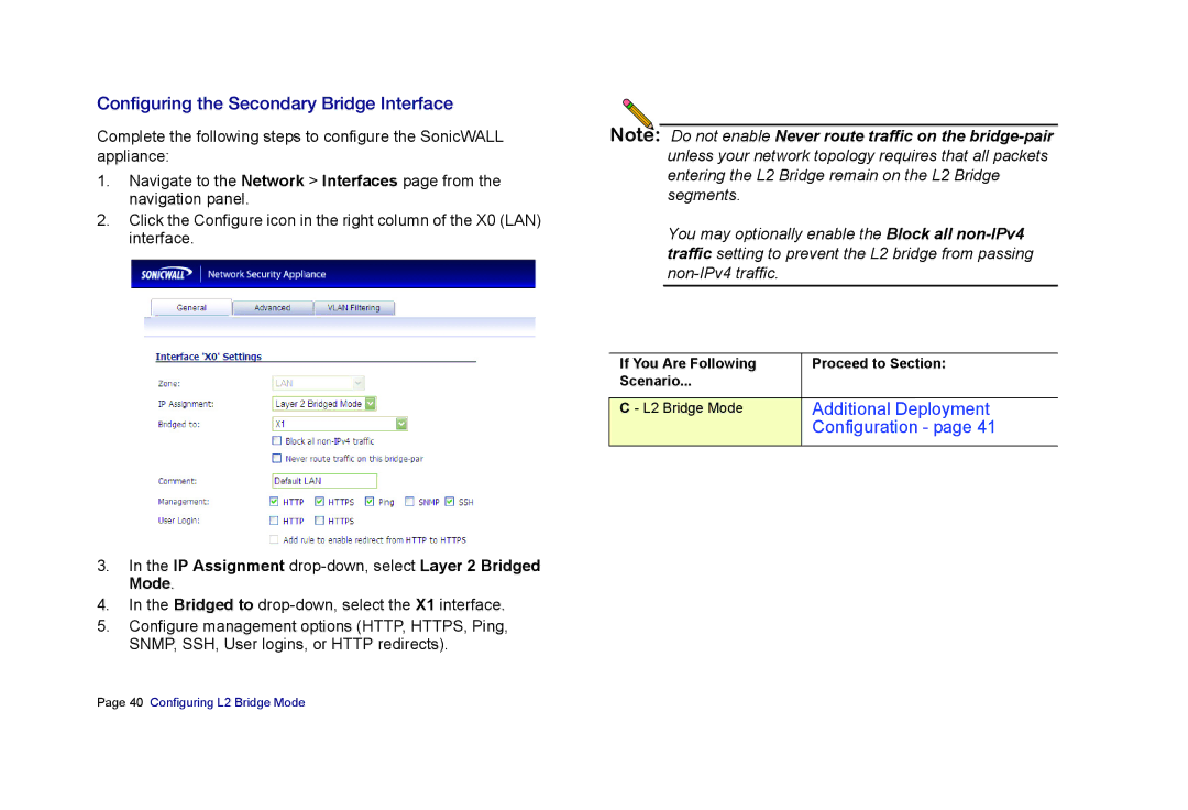 SonicWALL E6500 manual Configuring the Secondary Bridge Interface, IP Assignment drop-down, select Layer 2 Bridged Mode 