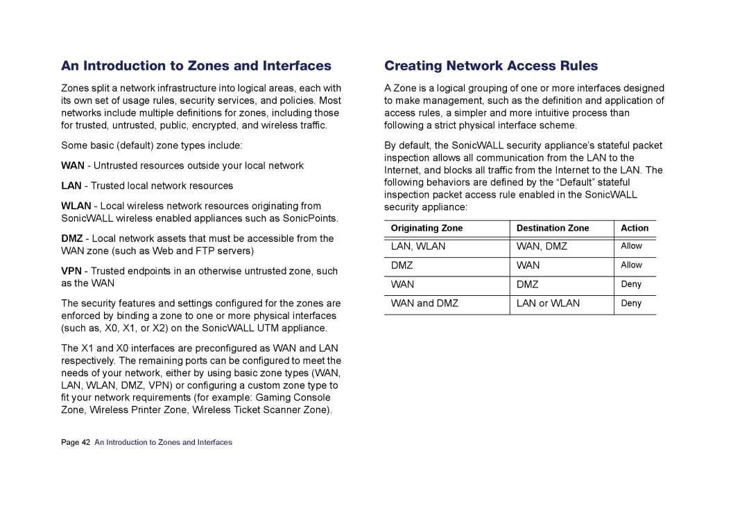 SonicWALL E6500 manual An Introduction to Zones and Interfaces, Creating Network Access Rules 