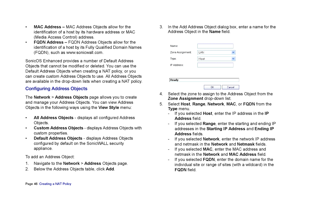 SonicWALL E6500 manual Configuring Address Objects 