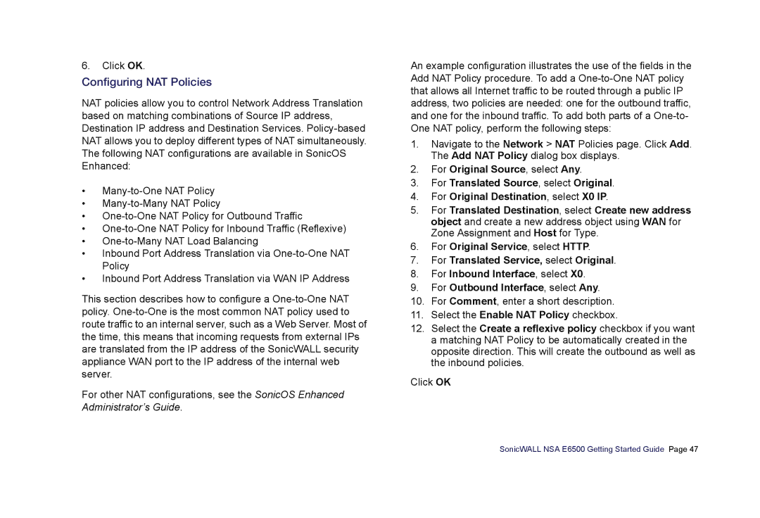 SonicWALL E6500 manual Configuring NAT Policies 