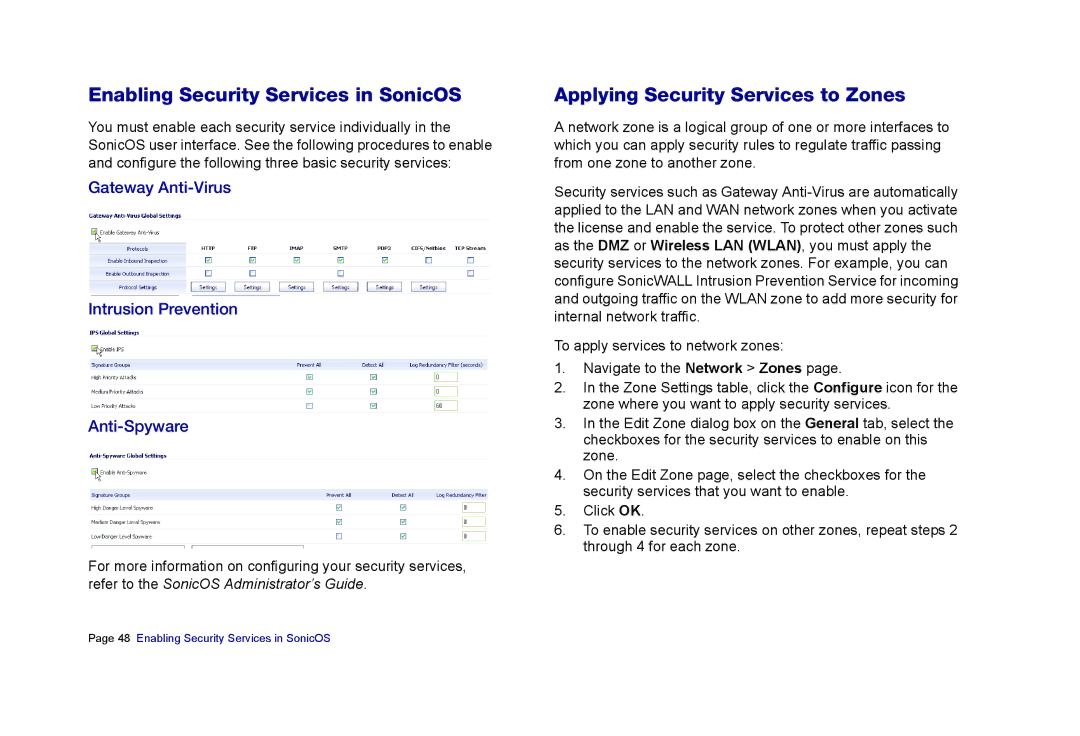 SonicWALL E6500 manual Enabling Security Services in SonicOS, Applying Security Services to Zones 