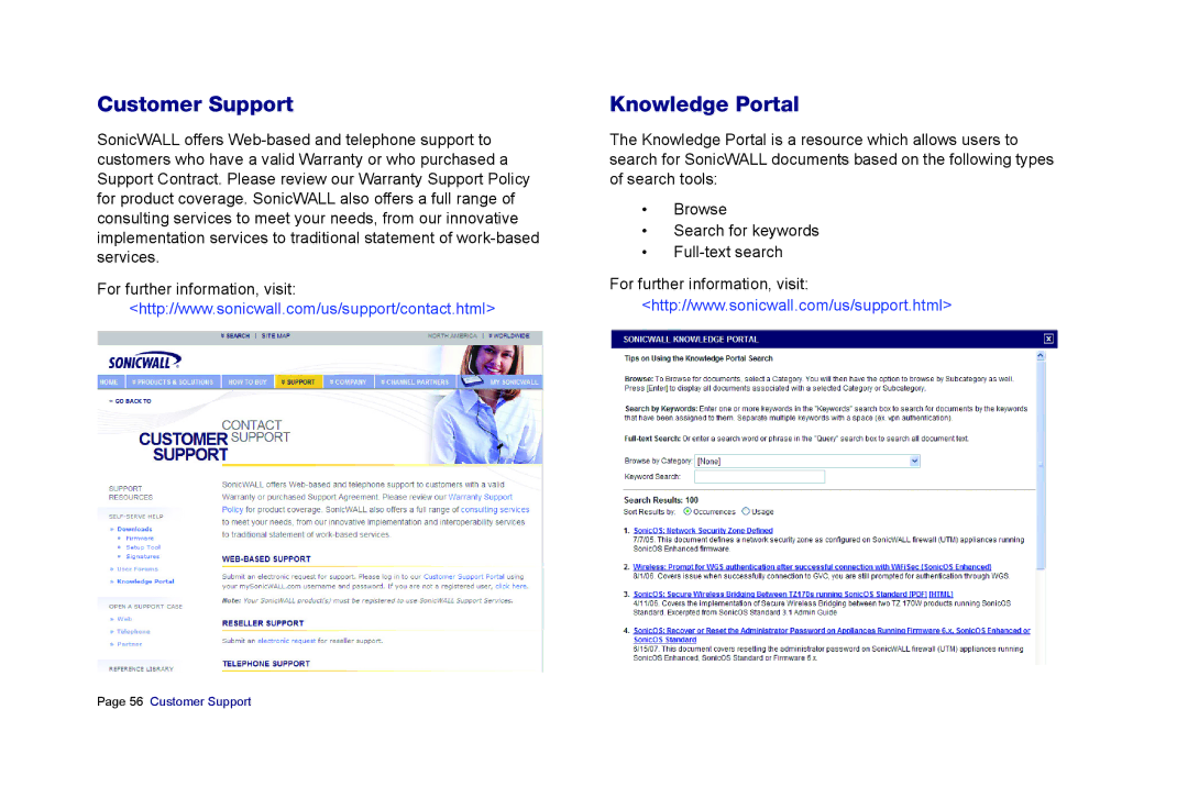 SonicWALL E6500 manual Customer Support, Knowledge Portal 