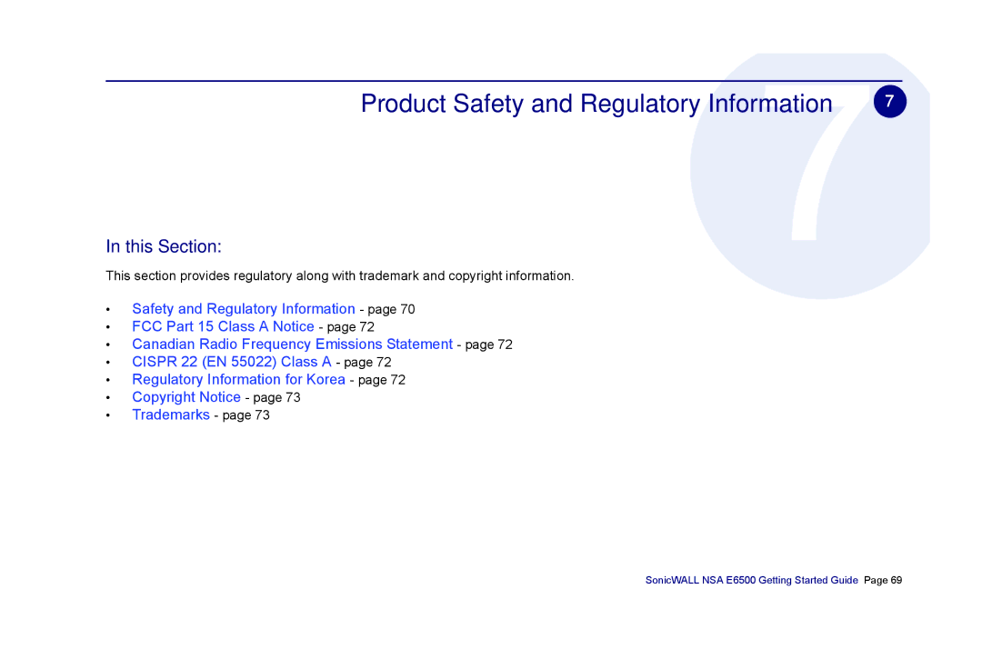 SonicWALL E6500 manual Product Safety and Regulatory Information 