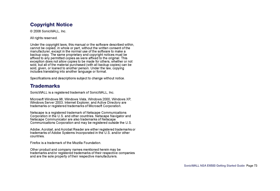 SonicWALL E6500 manual Copyright Notice, Trademarks 