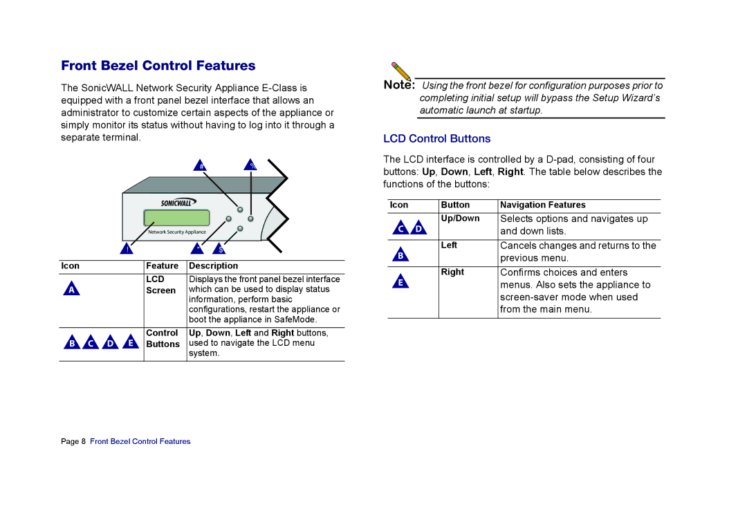 SonicWALL E6500 manual Front Bezel Control Features, LCD Control Buttons 