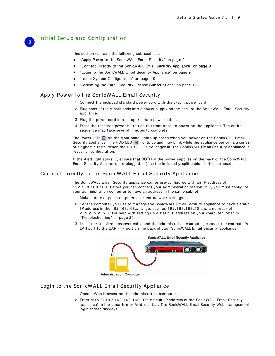 SonicWALL Email Security 7.0 8000 manual Initial Setup and Configuration, Apply Power to the SonicWALL Email Security 