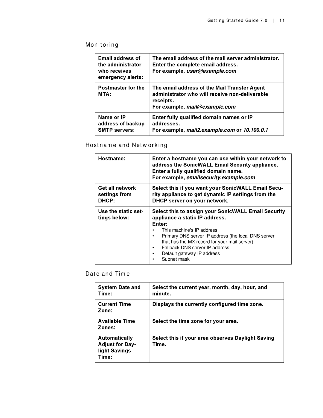 SonicWALL Email Security 7.0 8000 manual Monitoring, Hostname and Networking, Date and Time 
