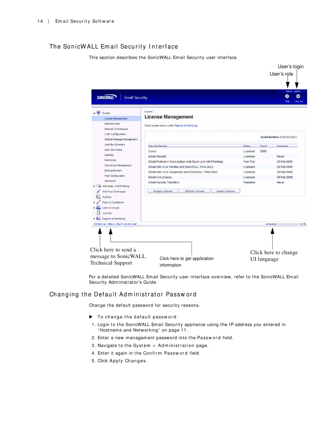 SonicWALL Email Security 7.0 8000 manual SonicWALL Email Security Interface, Changing the Default Administrator Password 