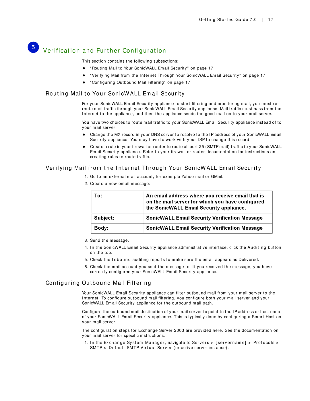 SonicWALL Email Security 7.0 8000 Verification and Further Configuration, Routing Mail to Your SonicWALL Email Security 