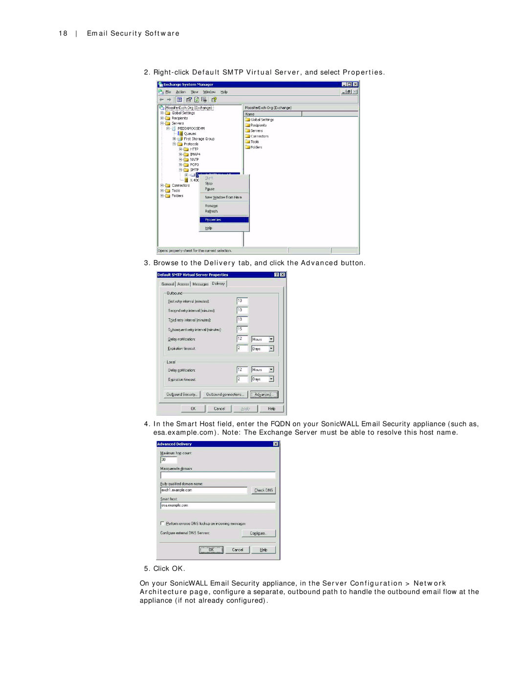 SonicWALL Email Security 7.0 8000 manual Browse to the Delivery tab, and click the Advanced button 