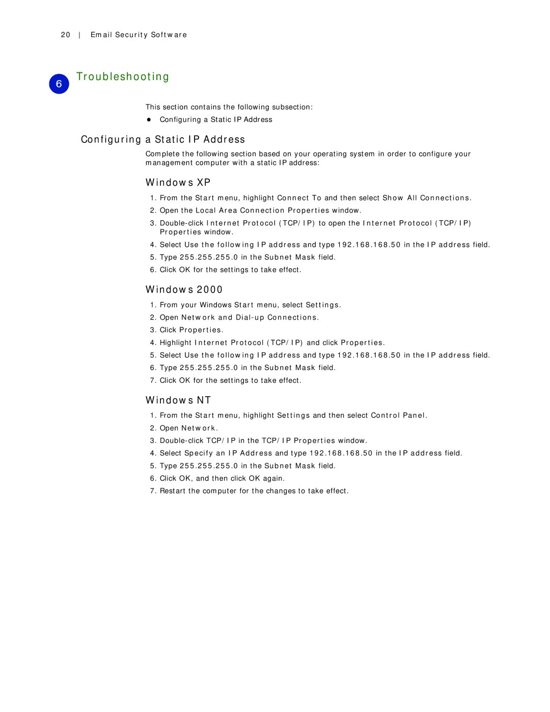 SonicWALL Email Security 7.0 8000 manual Troubleshooting, Configuring a Static IP Address, Windows XP, Windows NT 