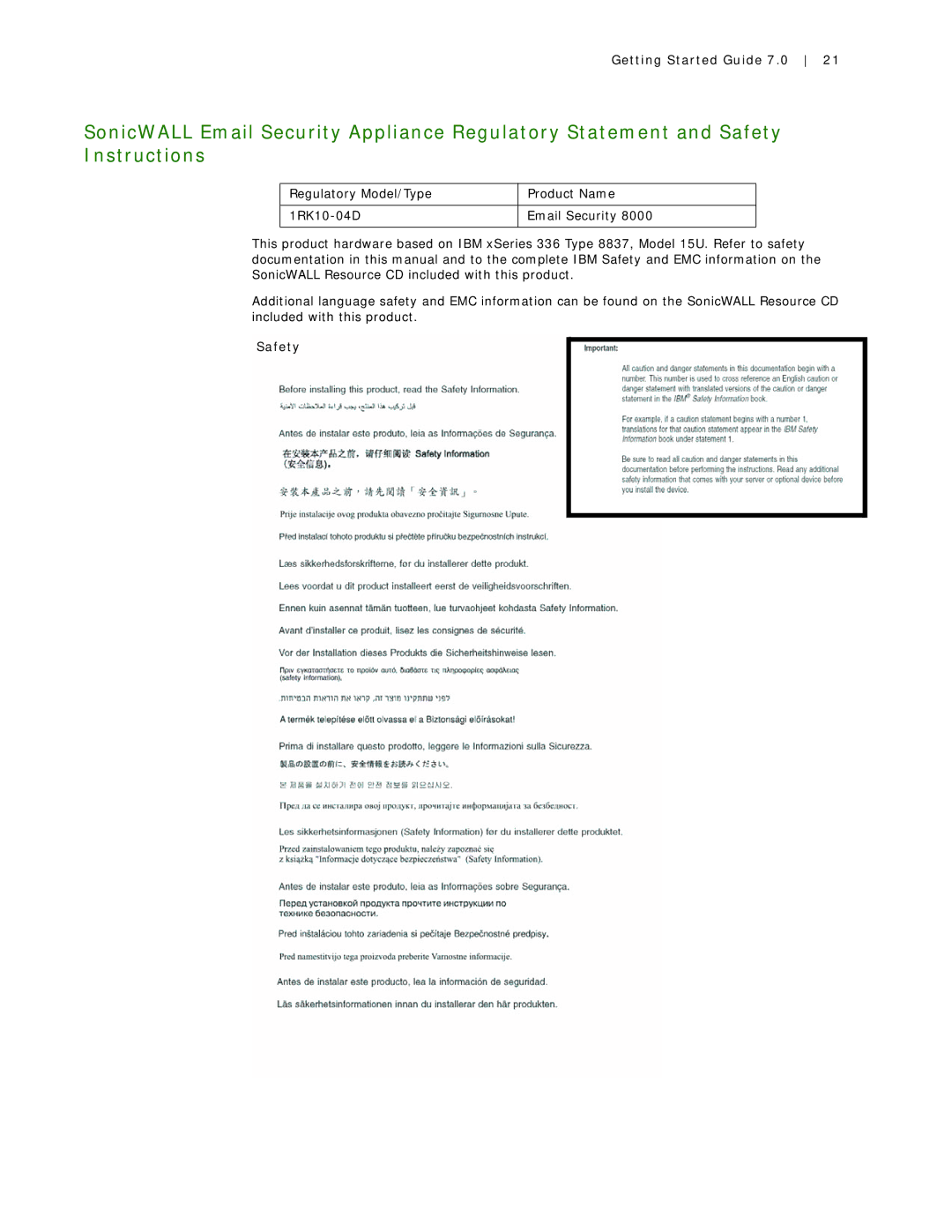 SonicWALL Email Security 7.0 8000 manual Safety 