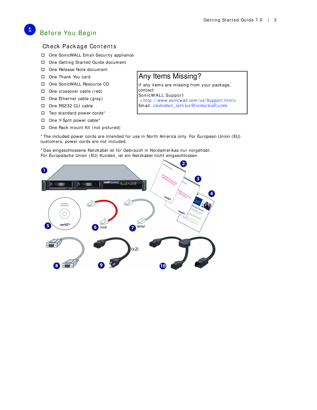 SonicWALL Email Security 7.0 8000 manual Before You Begin, Check Package Contents 