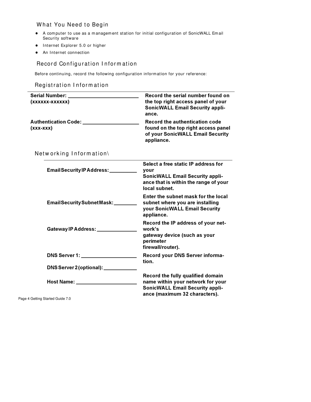 SonicWALL Email Security 7.0 8000 manual What You Need to Begin, Record Configuration Information, Registration Information 