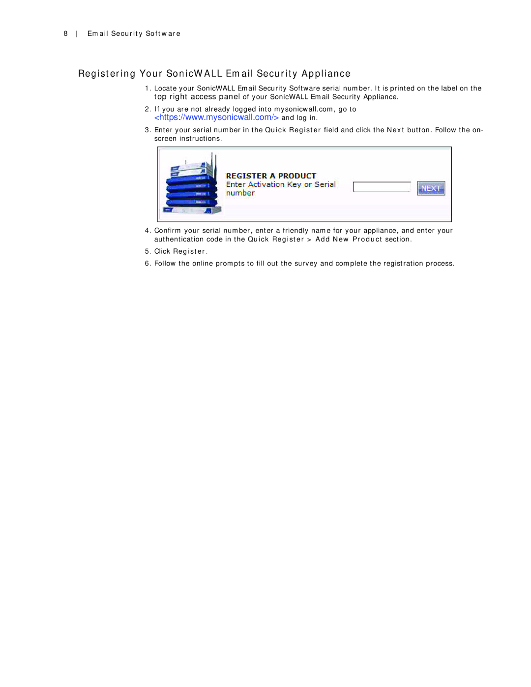 SonicWALL Email Security 7.0 8000 manual Registering Your SonicWALL Email Security Appliance 