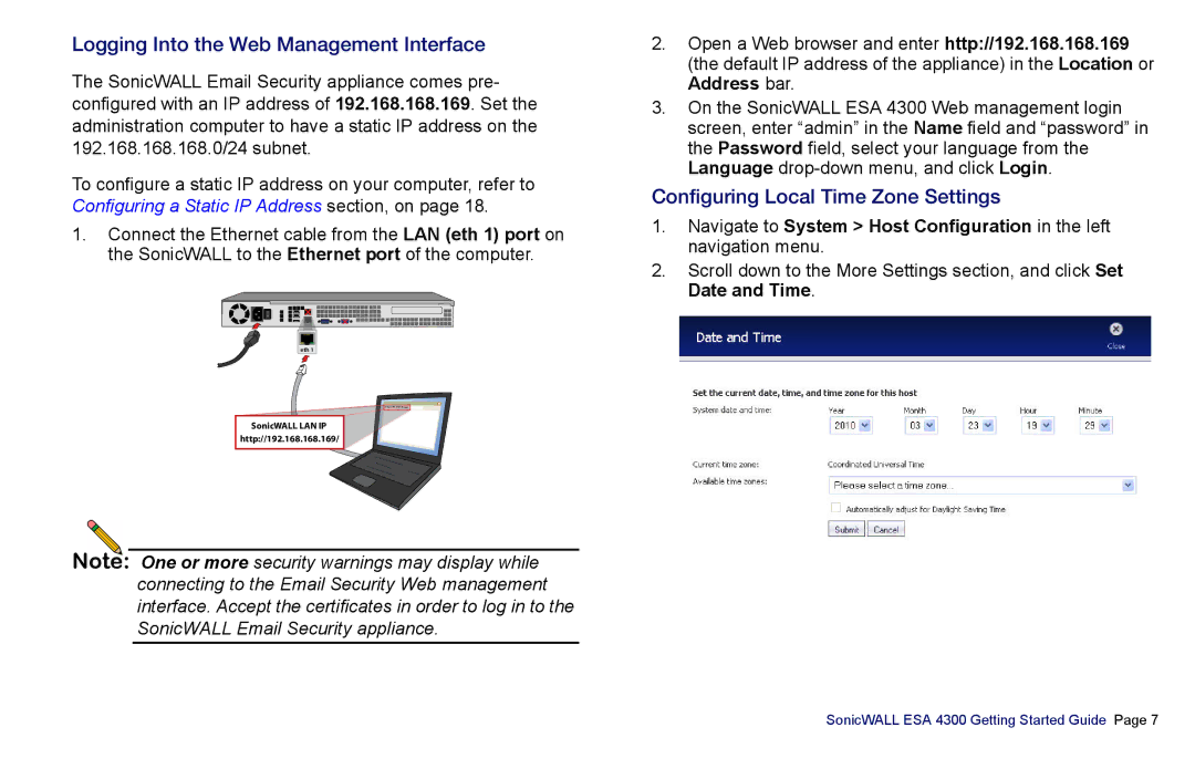 SonicWALL es4300 manual Logging Into the Web Management Interface, Configuring Local Time Zone Settings 