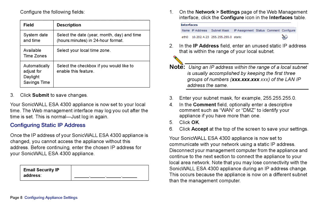 SonicWALL es4300 manual Configuring Static IP Address, Configure the following fields 