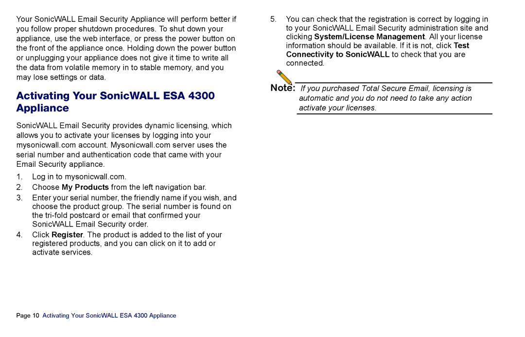 SonicWALL es4300 manual Activating Your SonicWALL ESA 4300 Appliance 