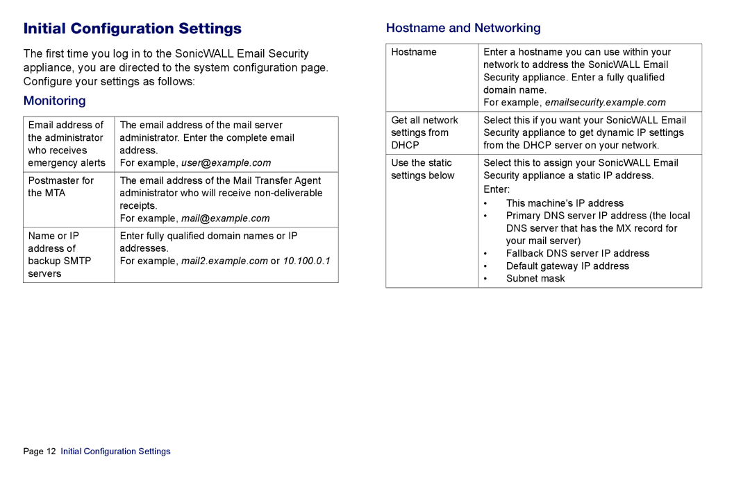 SonicWALL es4300 manual Initial Configuration Settings, Monitoring, Hostname and Networking 