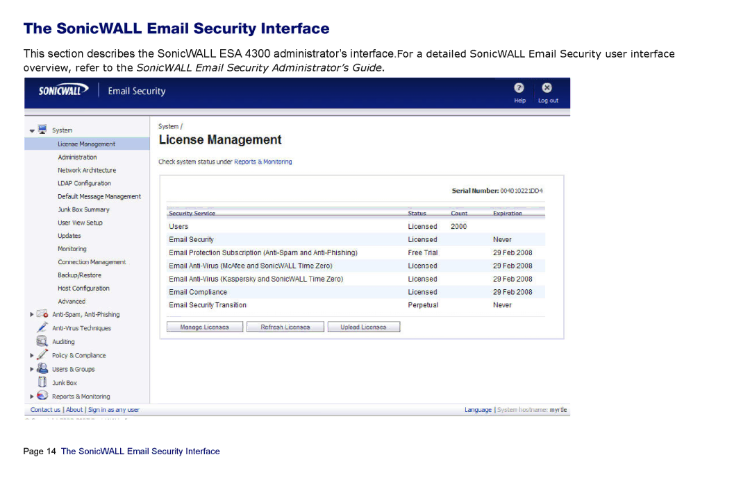 SonicWALL es4300 manual SonicWALL Email Security Interface 