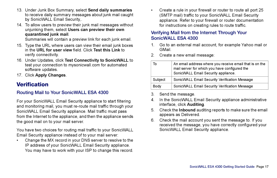 SonicWALL es4300 manual Verification, Routing Mail to Your SonicWALL ESA 