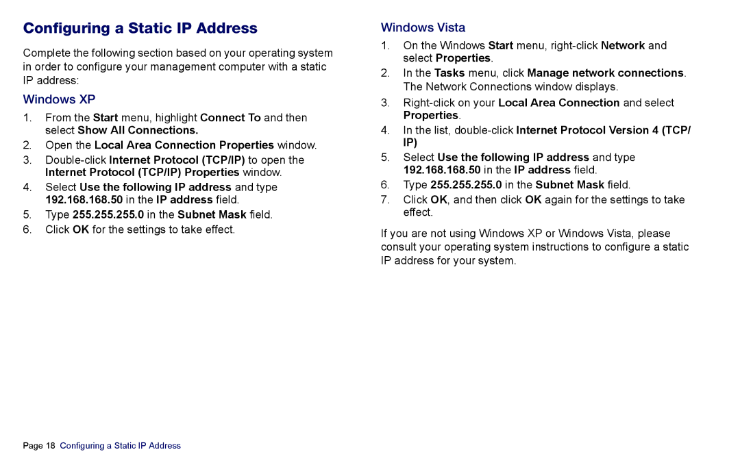 SonicWALL es4300 manual Configuring a Static IP Address, Windows XP, Windows Vista 