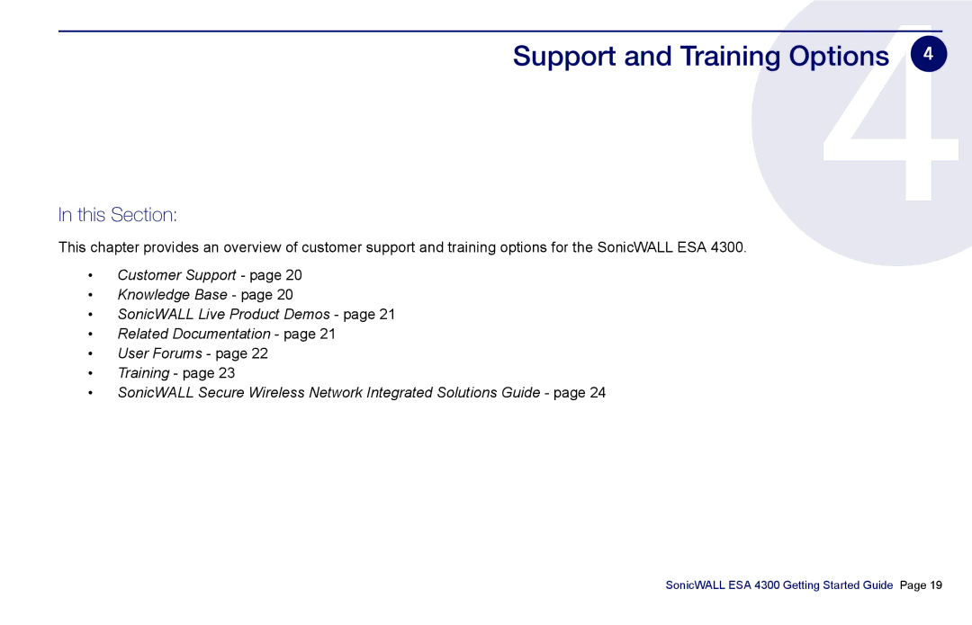 SonicWALL es4300 manual Support and Training Options, This Section 