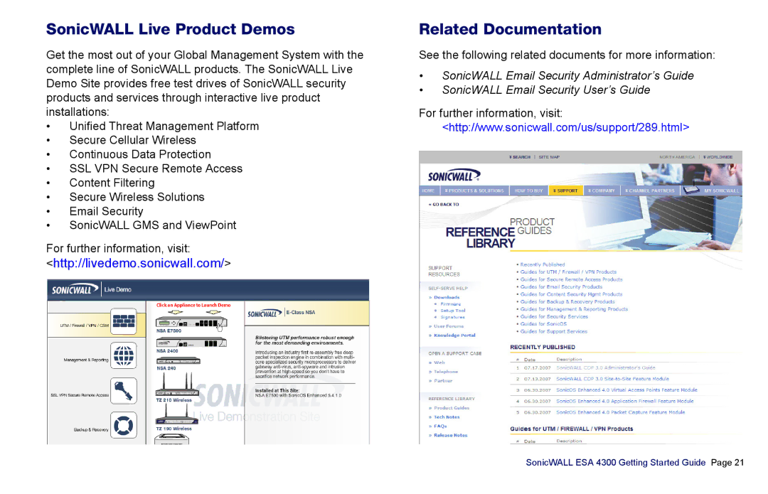 SonicWALL es4300 manual SonicWALL Live Product Demos, Related Documentation 