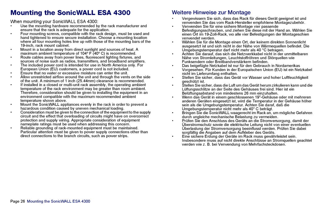 SonicWALL es4300 manual Mounting the SonicWALL ESA, Weitere Hinweise zur Montage 